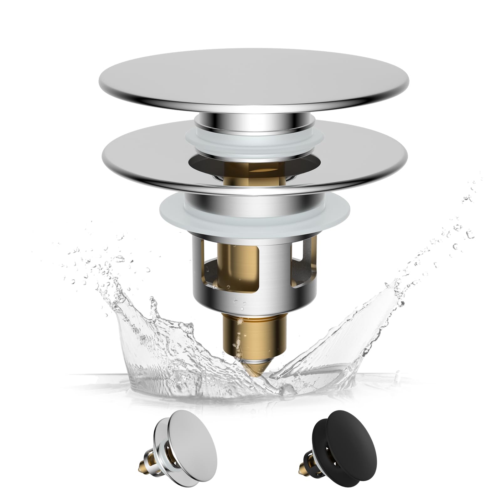 Hibbent Pop up Sink Plug with Drain Strainer, Brass Bounce Core Push-Type Drain Plug, Suitable for 1.1'' to 2.36'' (28-60mm), Universal Sink Stopper Replacement for Bathroom Basin, Chrome