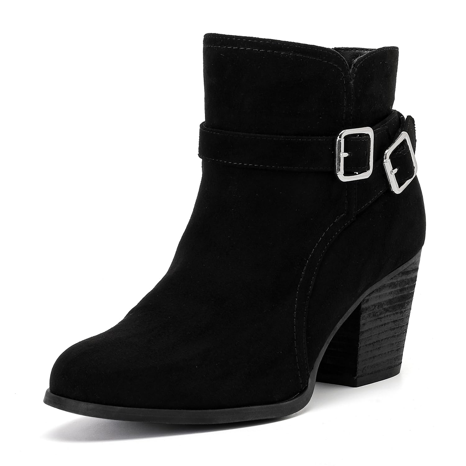 Luoika Womens Wide Width Ankle Boots - Black Brown Short Boots Block Low Heel Side Zipper Booties