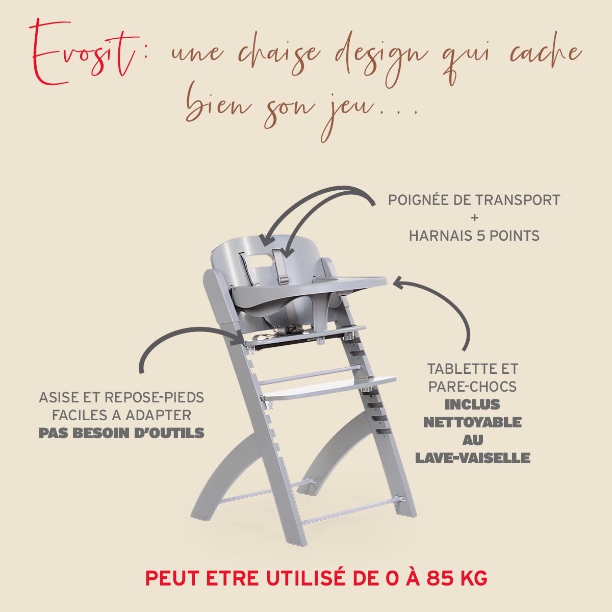 CHILDHOME, Chaise Haute Bebe Evolutive : De 0 mois à 85KG, Tablette Incluse, Bois de Hêtre, Arceau, Sécuritaire Harnais 5 points, Vis Invisibles, Evosit, Terracota