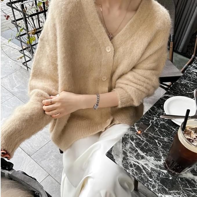 Image of Womens Fuzzy Sweaters Cardigan V-Neck Button Down Oversized Mohair Sweater Casual Y2k 2026 Fall Winter