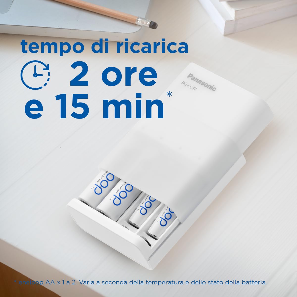 Eneloop SmartPlus Travel caricabatterie USB, per 1-4 batterie ricaricabili AA/AAA, 2.25 ore tempo di ricarica, 10 funzioni di sicurezza, 4 batterie Eneloop AA (2000 mAh) incluse