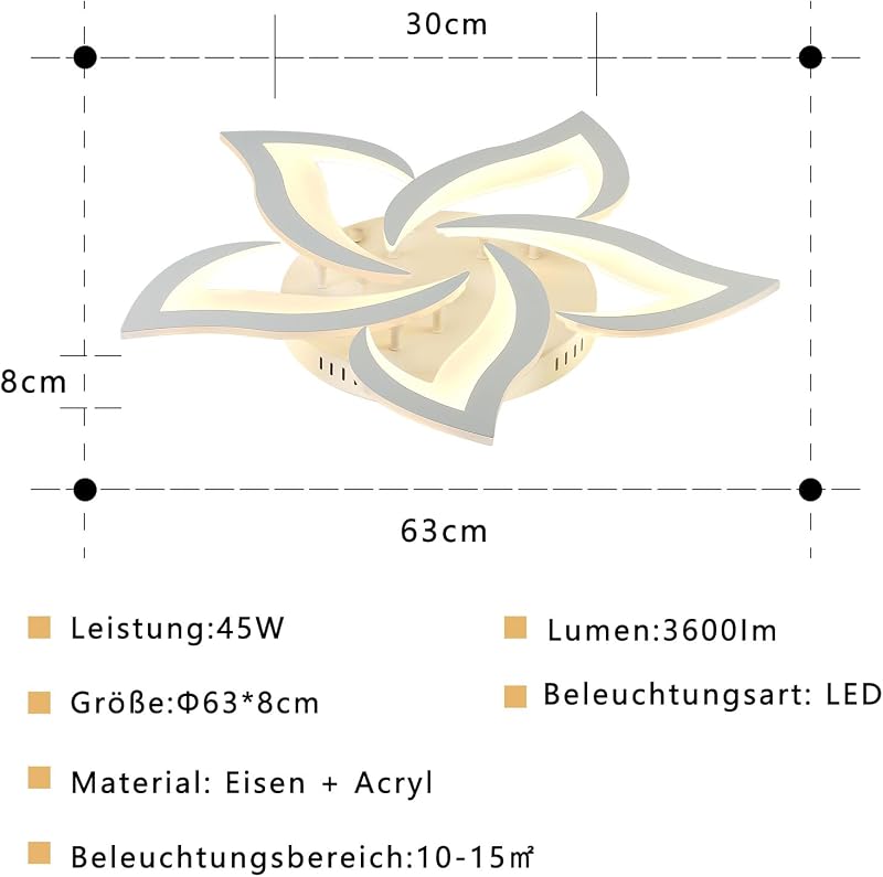 Sky angle LED Mennyezeti Lámpa, Virág Alakú, Távirányítós, Fényerőszabályozható, 5 Fejes, 63 cm, 45W, 3600 Lumen, Modern Csillár Nappaliba,