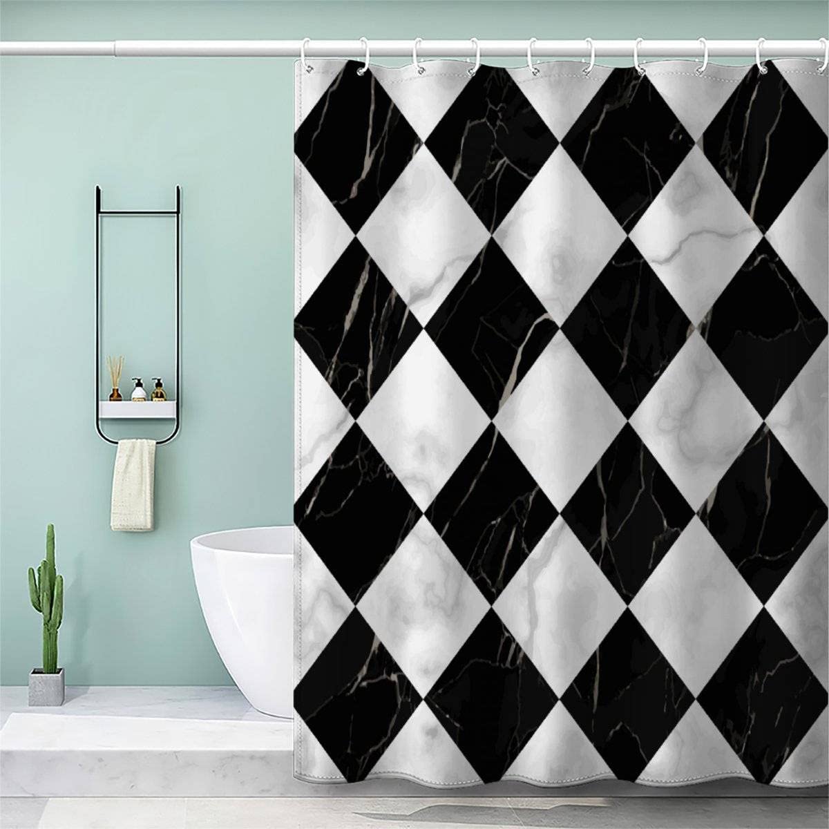 VASENA Shower Curtain Geometric Marble Black And White Plaid Bath Curtain 3D Printed Mould Proof Bath Curtains for Shower Polyester Shower Curtains 180x180 cm