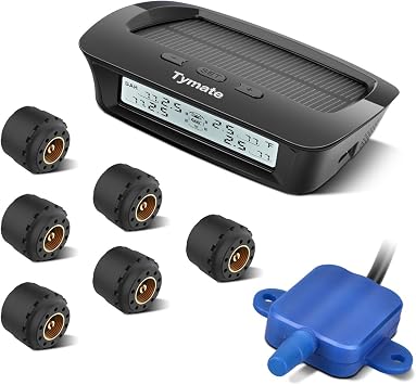 Tymate 6 Tire Pressure Monitoring System for RV Trailers Solar TPMS with 6 DIY Tire Pressure Sensors Real Time Display 6 Tire Pressure Temperature Alarm Function High Precision