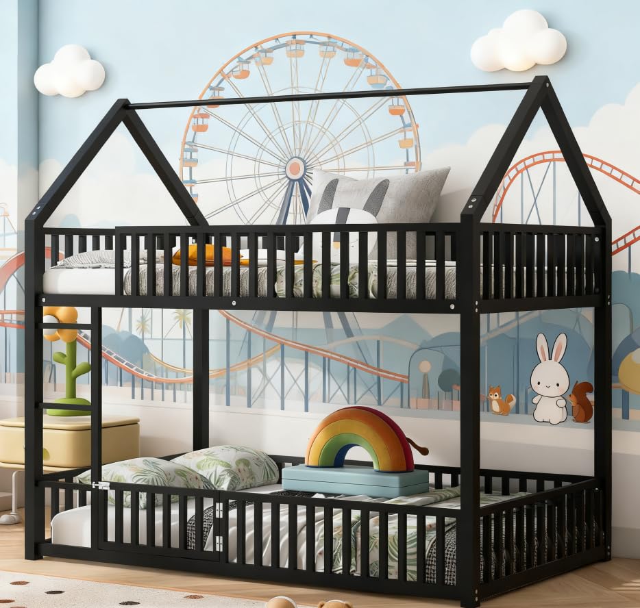 Image of Bellemave Metal Bunk beds Twin Over Twin, House Floor bunk Bed with guardrail and Door for Kids,Black