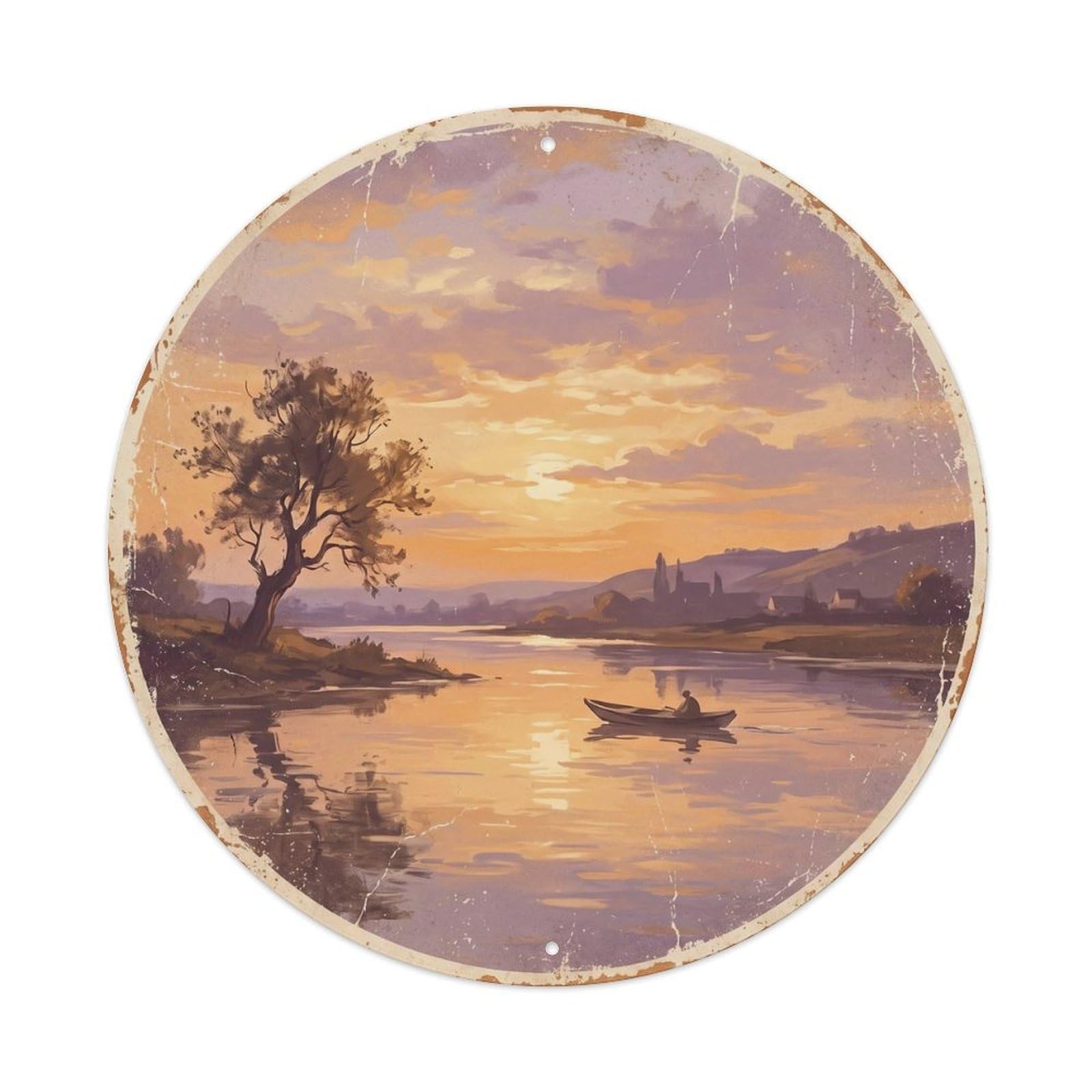 Vintage Travel River Germany Sunset Metal Tin Sign Plaque Wall Decor for Cafe, Club, Garden Round Metal Poster 8x8Inch