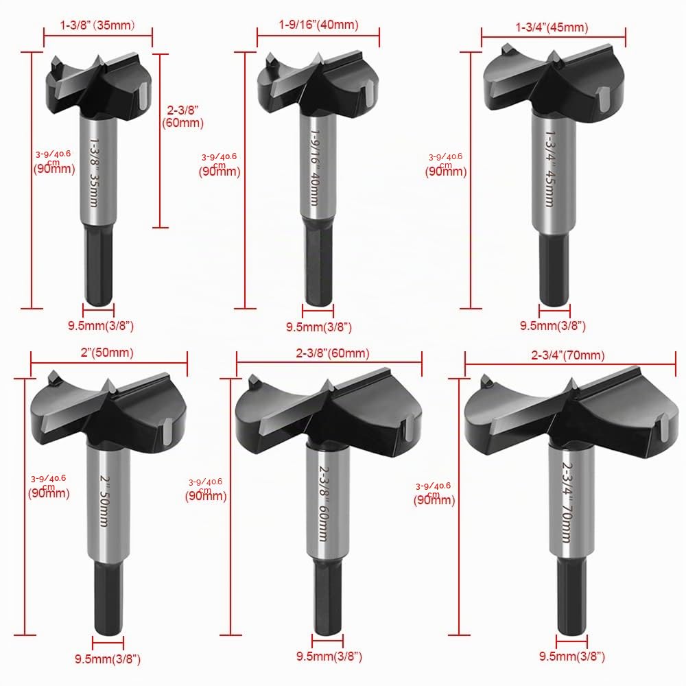 ASNOMY Set di 6 punte Forstner per Legno in acciaio al tungsteno, sega a tazza e Legno Drill Bits Set per legno duro, plastica e compensato - con 35/40/45/50/60/70 mm