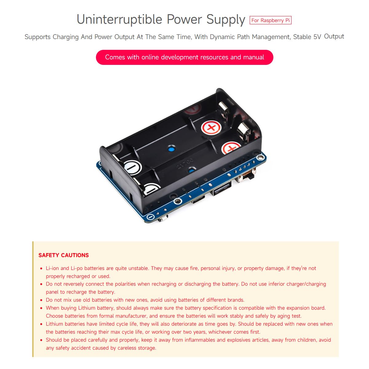 Waveshare UPS HAT For Raspberry Pi 5/4B/3B , Supports 4 X 21700 Li