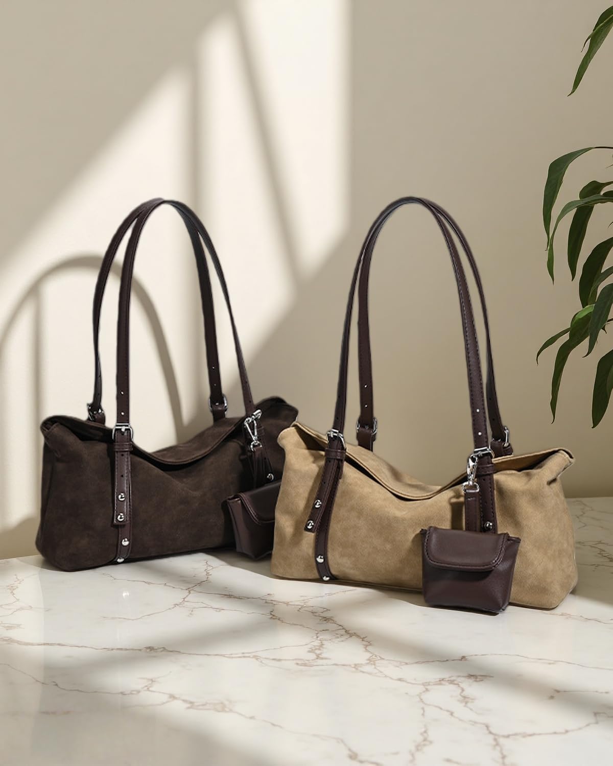 Women’s Vintage Suede Shoulder Bag, 2‑Strap Convertible Crossbody Handbag with Detachable Mini Pouch, Lightweight Boston Bag - Image 3