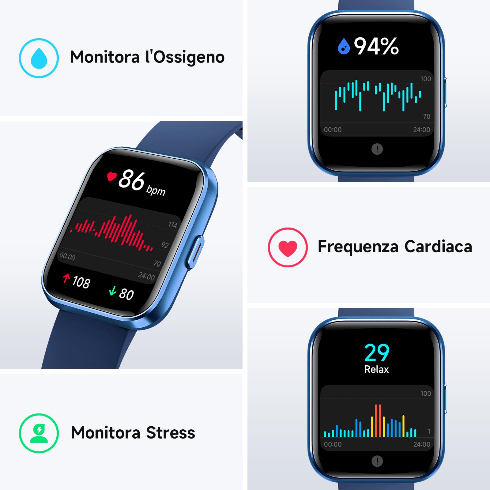 Smartwatch Uomo Donna con Chiamate Bluetooth, Alexa Integrato, 1.8” Orologio Smartwatch con 100 Sportive/Cardiofrequenzimetro/Sonno/SpO2, Impermeabil IP68 Fitness Tracker per iOS Android, Blu Scuro