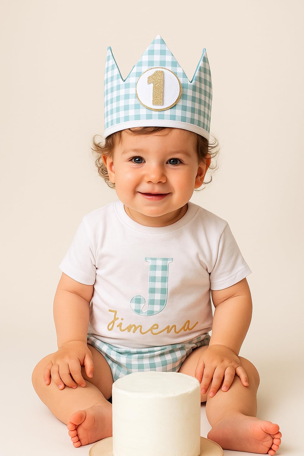 Conjunto Cumpleaños 1 año Personalizado - Camiseta con nombre Bebé - Regalo primer cumpleaños - Smash Cake - Corona cumpleaños (Vichy Rosa)
