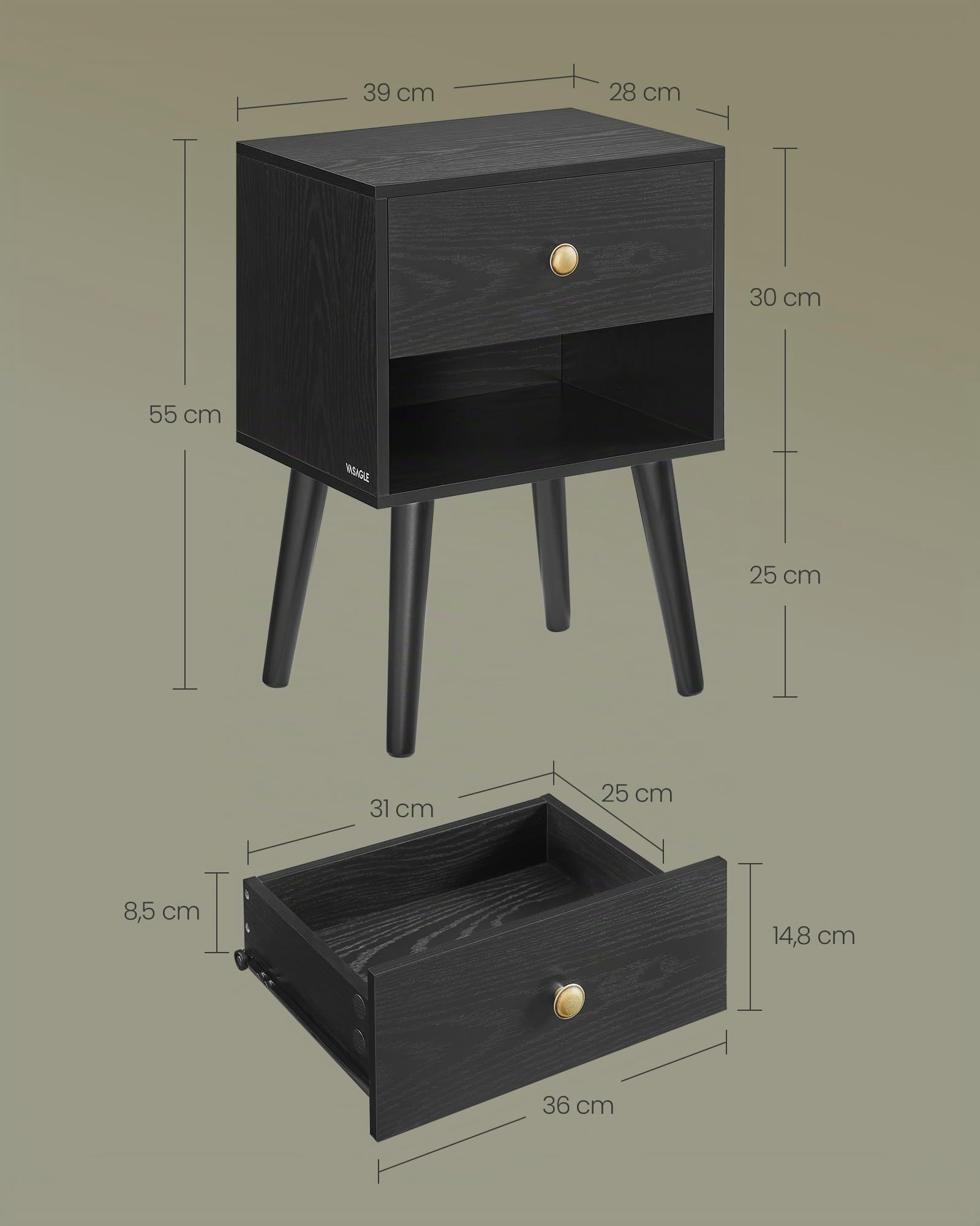 VASAGLE Table de Chevet, Table d'appoint avec tiroir de Rangement et étagère Ouverte, Pieds en Bois Massif, Table d'appoint pour Salon, Chambre à Coucher, canapé, Noir ébène LET655B56
