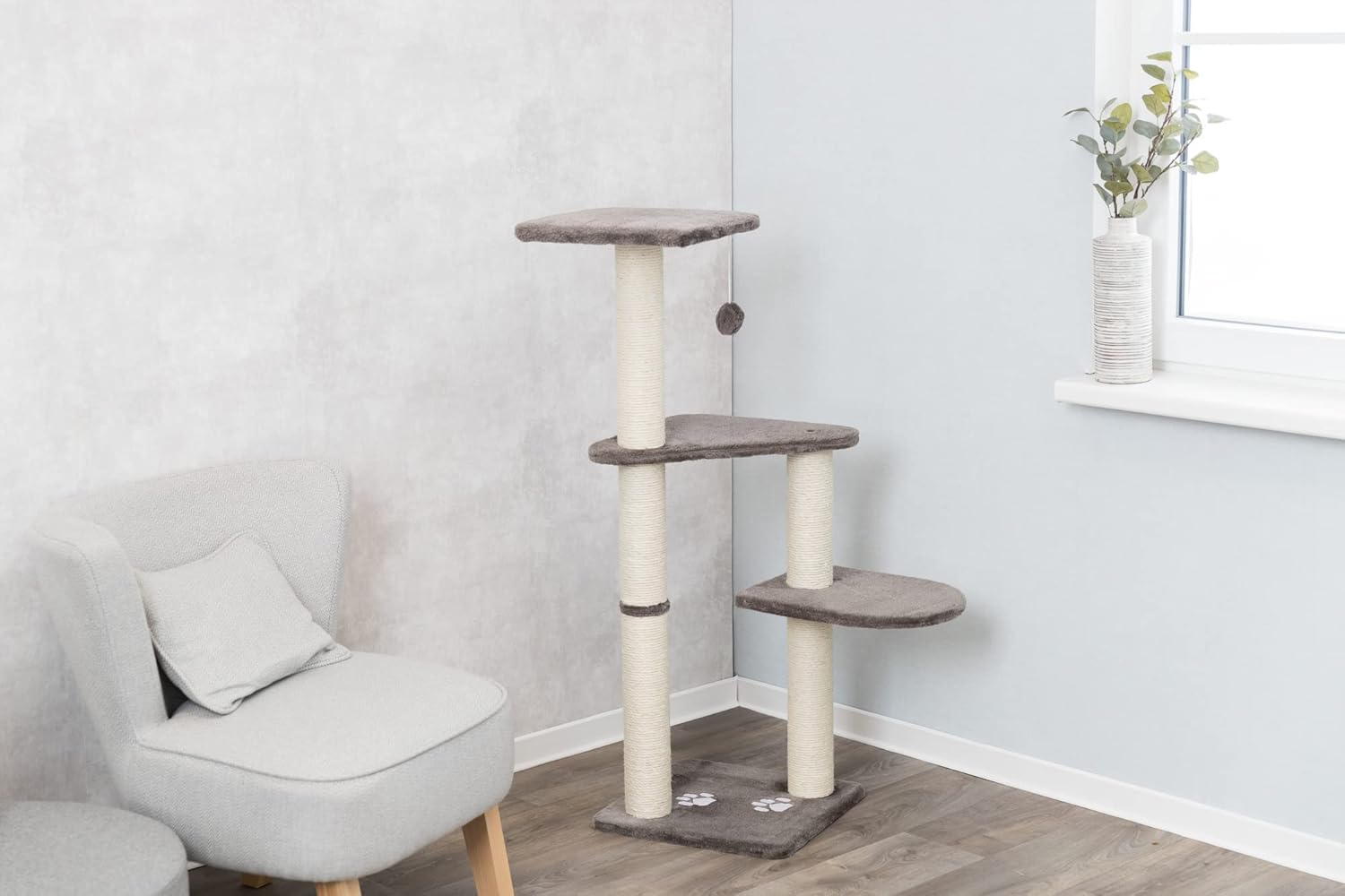 TRIXIE Altea Cat Tree, Tall Scratching Posts, 3 Elevated Platforms, Dangling Cat Toy, Cat Playground, Platinum Gray : Pet Supplies