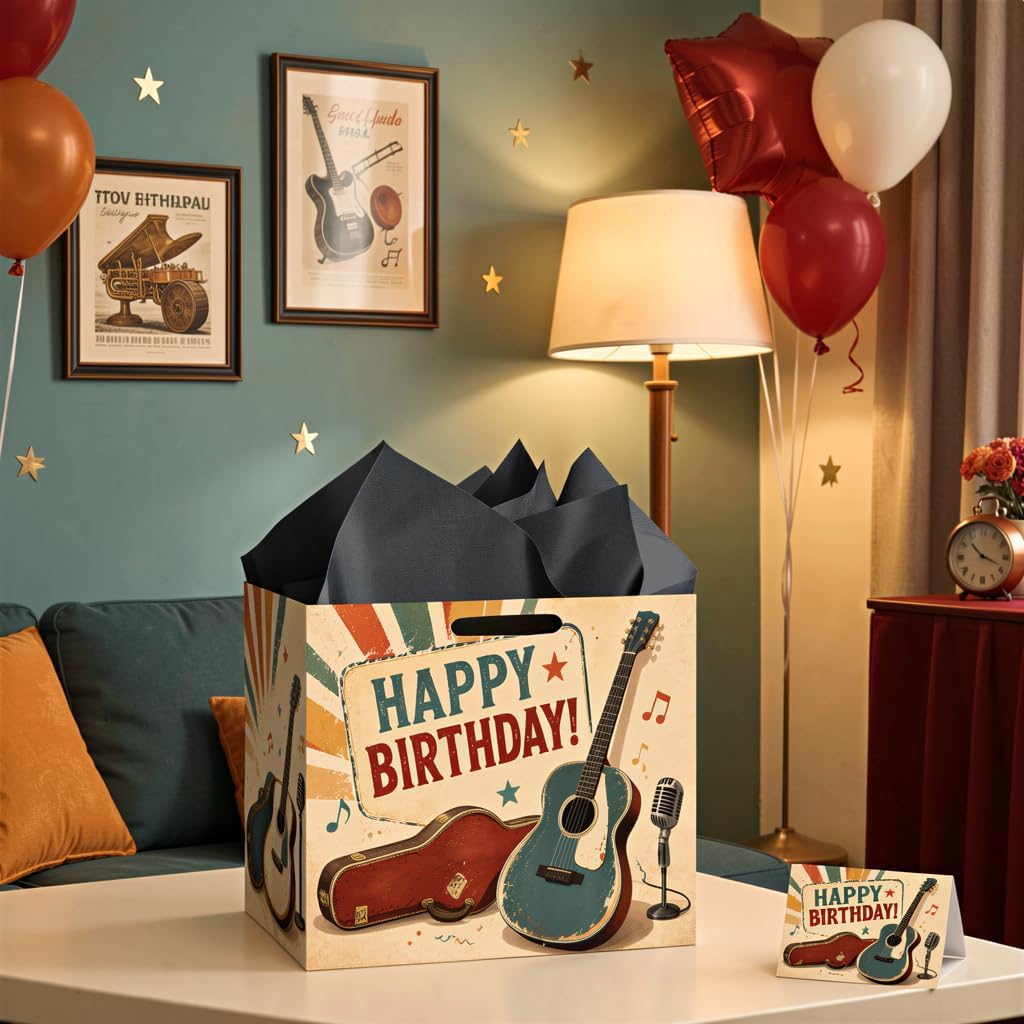 Hkshaoda Happy Birthday Gift Bag for Men with Greeting Card Tissue Paper Vintage Acoustic Guitar Present Wrap Kit, Large Retro Music Theme Party Packaging Supplies for Husband Dad Musician Lover image 3