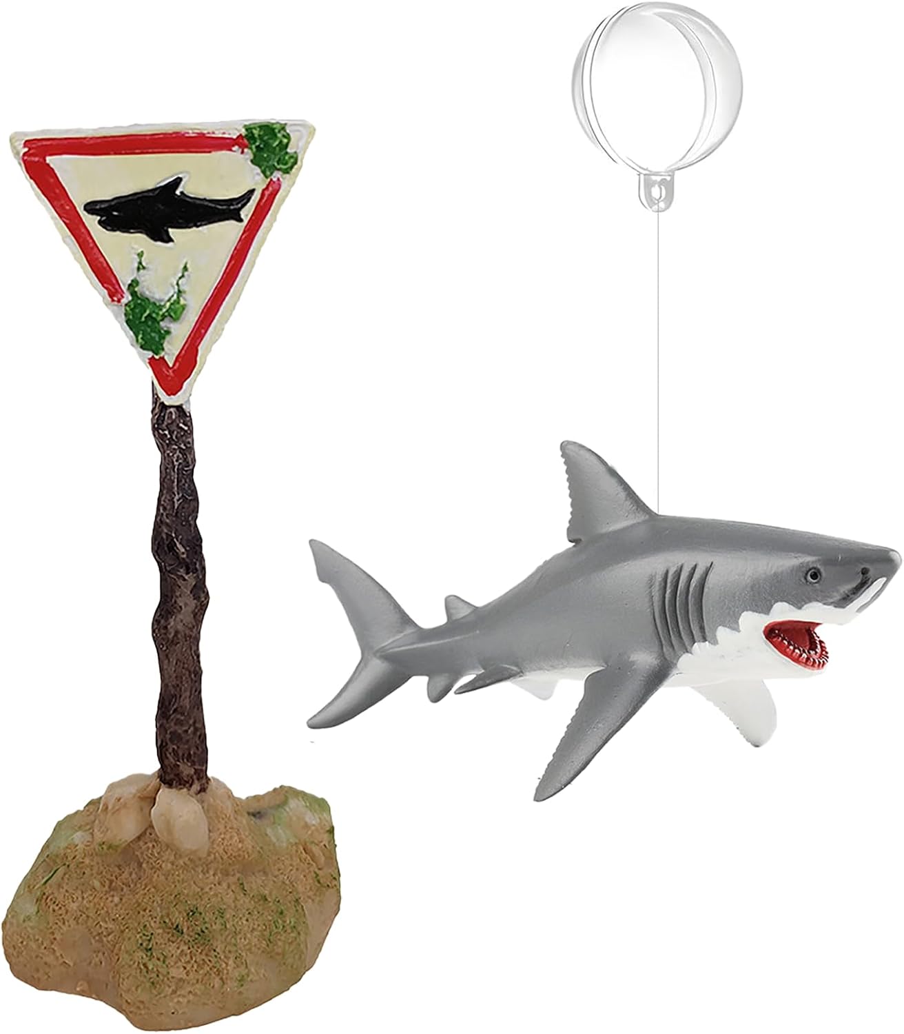 View of Amazon.com : BEEMERIT Aquarium Shark Décor Set - Floating Great White Shark with Shark Warning ...
