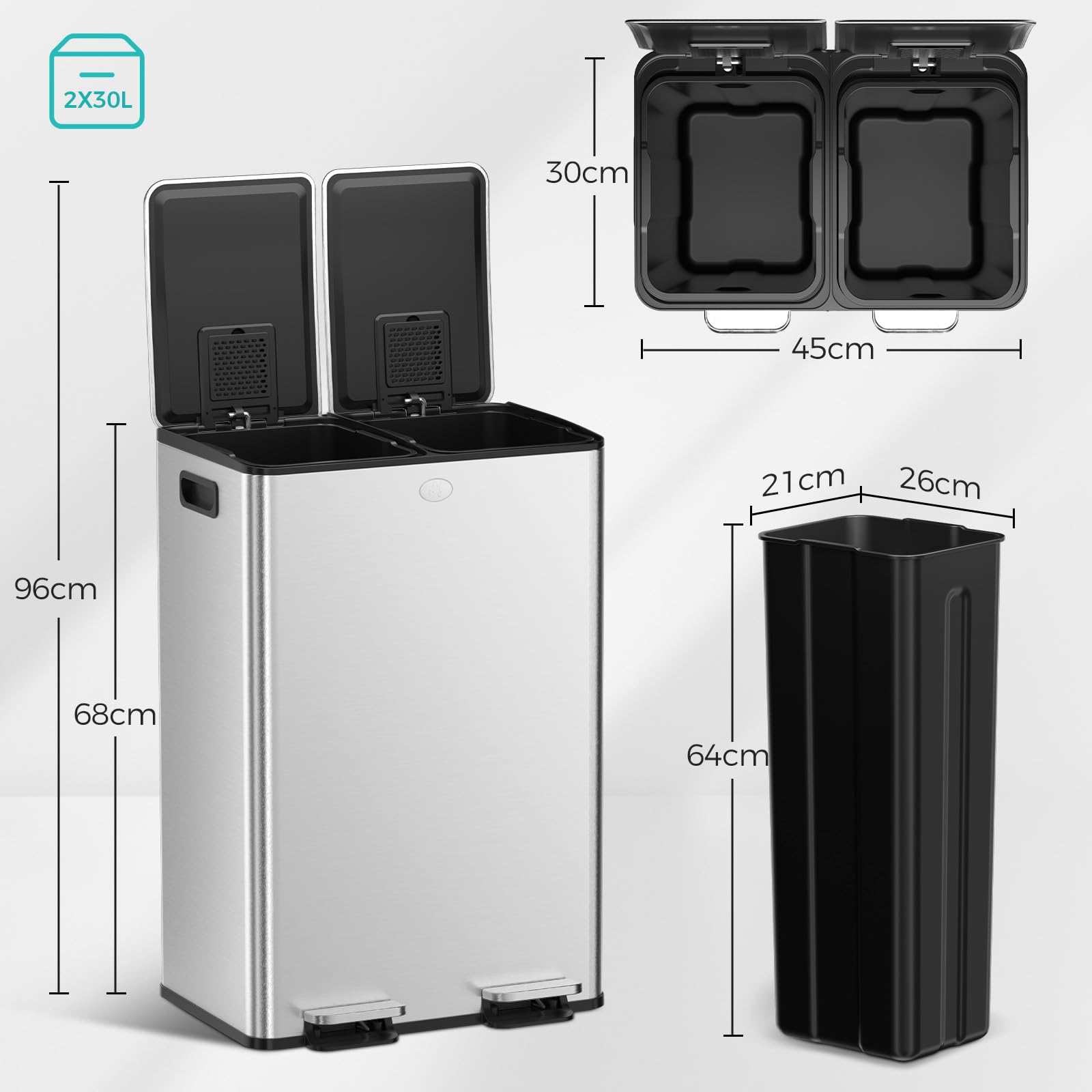 YASHE Mülleimer 2 Fächer mit Deckel, 2x30L Mülleimer Küche, Tretmülleimer Edelstahl mit 20 Müllbeuteln, Herausnehmbaren Inneneimern, Soft-Close