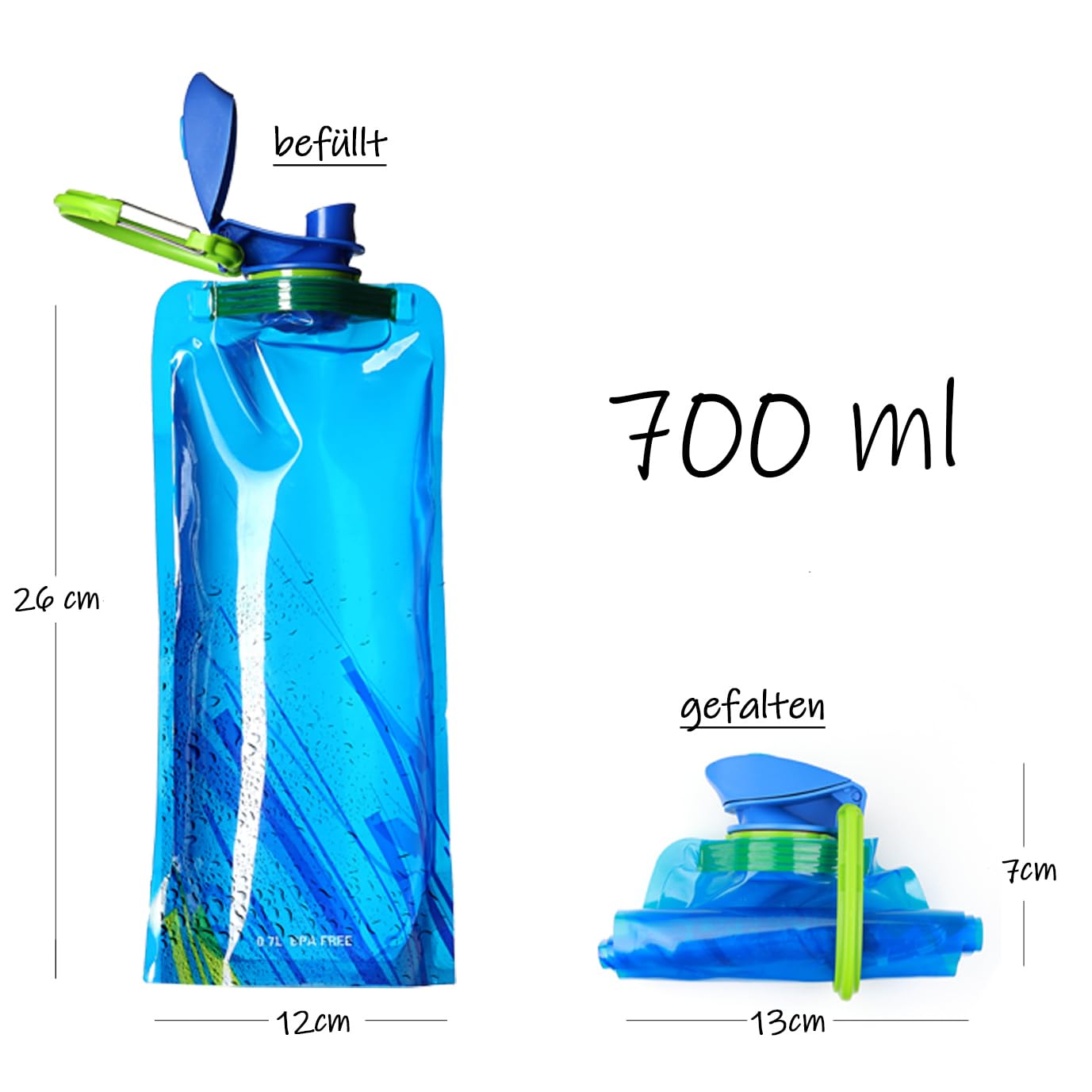JINGTOPS Opvouwbare Drinkfles – 700 Ml, Set Van 2 Stuks, Met Karabijnhaak, Lichtgewicht PE-zak, Perfect Voor Wandelen, Festivals En Reizen