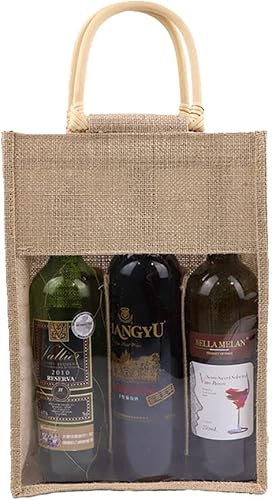 Miniatura 8 de Vpang Bolsa ecológica para botella de vino de arpillera, bolsa de yute con asa de caña para embalaje de regalo, dulces, decoraciones navideñas