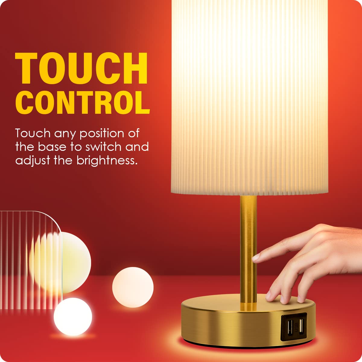 Yarra-Decor Lámpara de noche con puertos de carga USB A+C, juego de dos, lámpara de mesa de control táctil para dormitorio, lámpara de mesa de noche regulable de 3 vías con pantalla plisada redonda