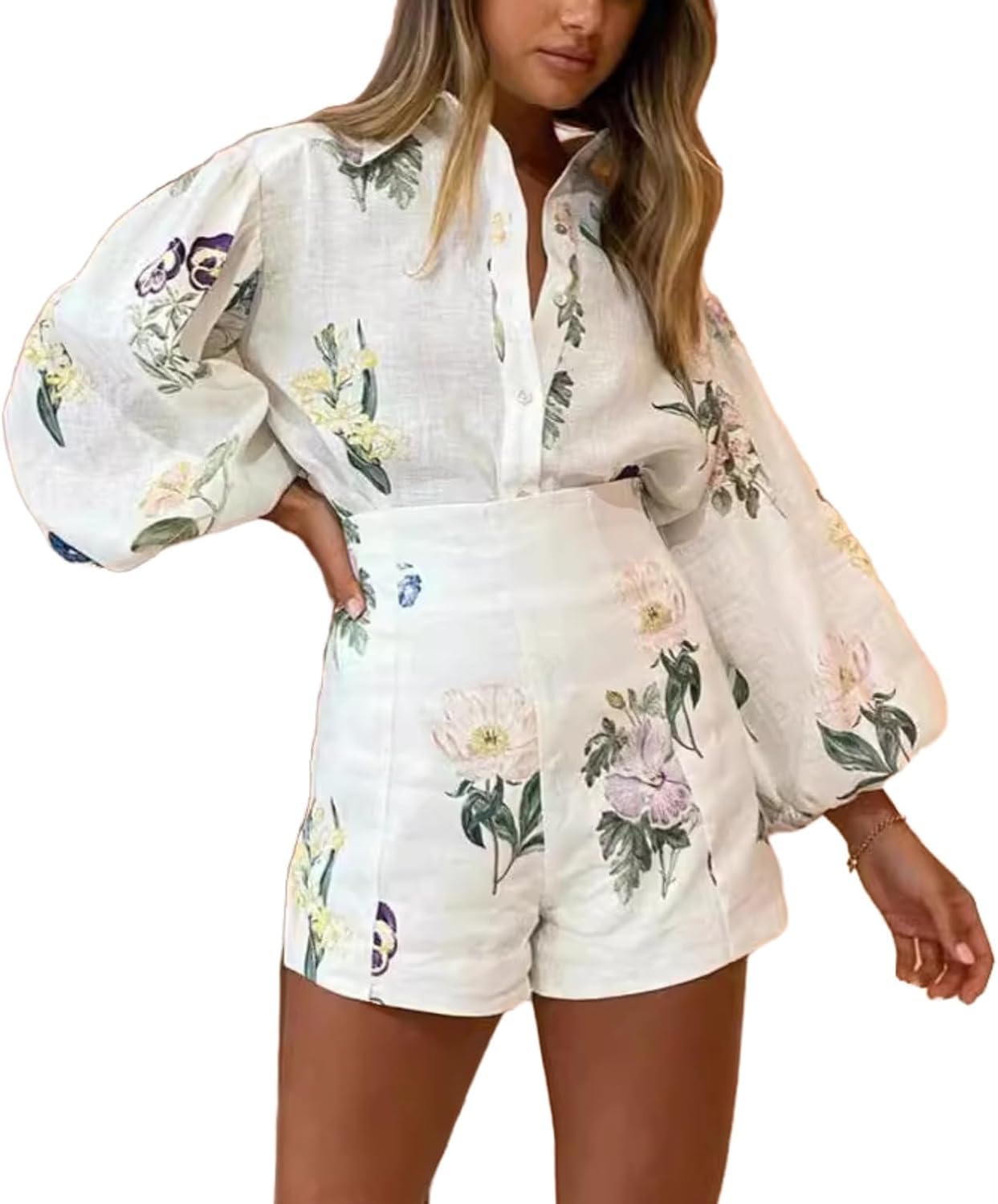 Ensemble 2 pièces en lin assorti pour femme – Ensemble vintage bohème imprimé floral – Ensemble de détente à manches longues avec chemise boutonnée à revers et short taille haute hawaïen