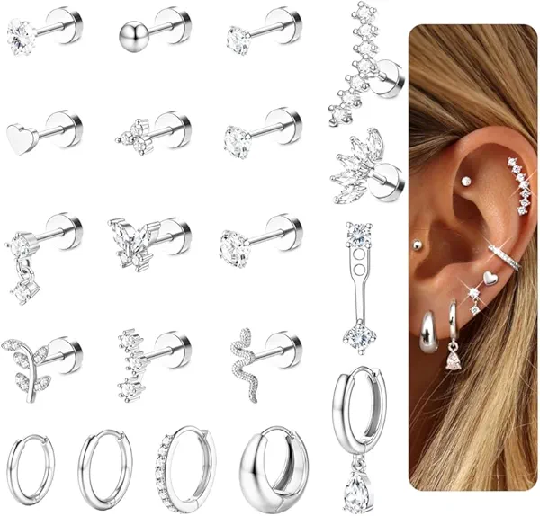 Hypoallergenic Cartilage Earrings for Women 20G Helix Piercing Jewelry Earring Flat Back Surgical Stainless Steel Gold Stud Hoop Cartilage Earring Set Daith Tragus Conch for Multiple Piercing Single