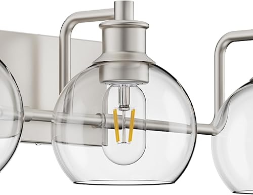 Miniatura 5 de Tipace Lámparas de tocador de baño modernas de níquel cepillado sobre espejo globo de vidrio, 3 luces industriales, iluminación de baño de granja