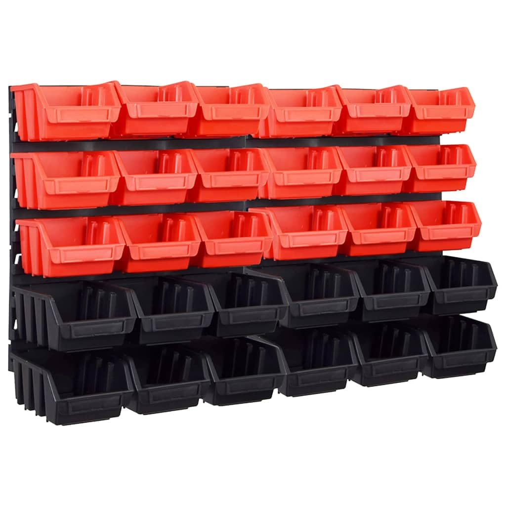 Juego de 32 cajas de almacenamiento para taller, estantería de pared para almacenamiento de herramientas, con 30 cajas apilables, cajas clasificadoras de plástico para tornillos y piezas