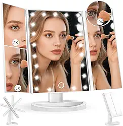 Espelho Maquiagem de Triplo Dobrável, Espelho com Led, Espelhos para Penteadeira, Espelhos de Mesa com Ampliação de 2x, 3x e 10x, Com Tela Sensível ao Toque