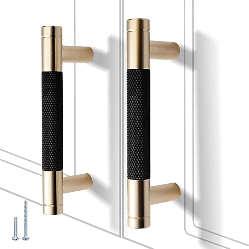 Miniatura 31 de Paquete de 12 manijas de gabinete moleteadas de 7 1/2 pulgadas de 7.559 in, tiradores de aluminio, acabado de oxidación dorado y negro