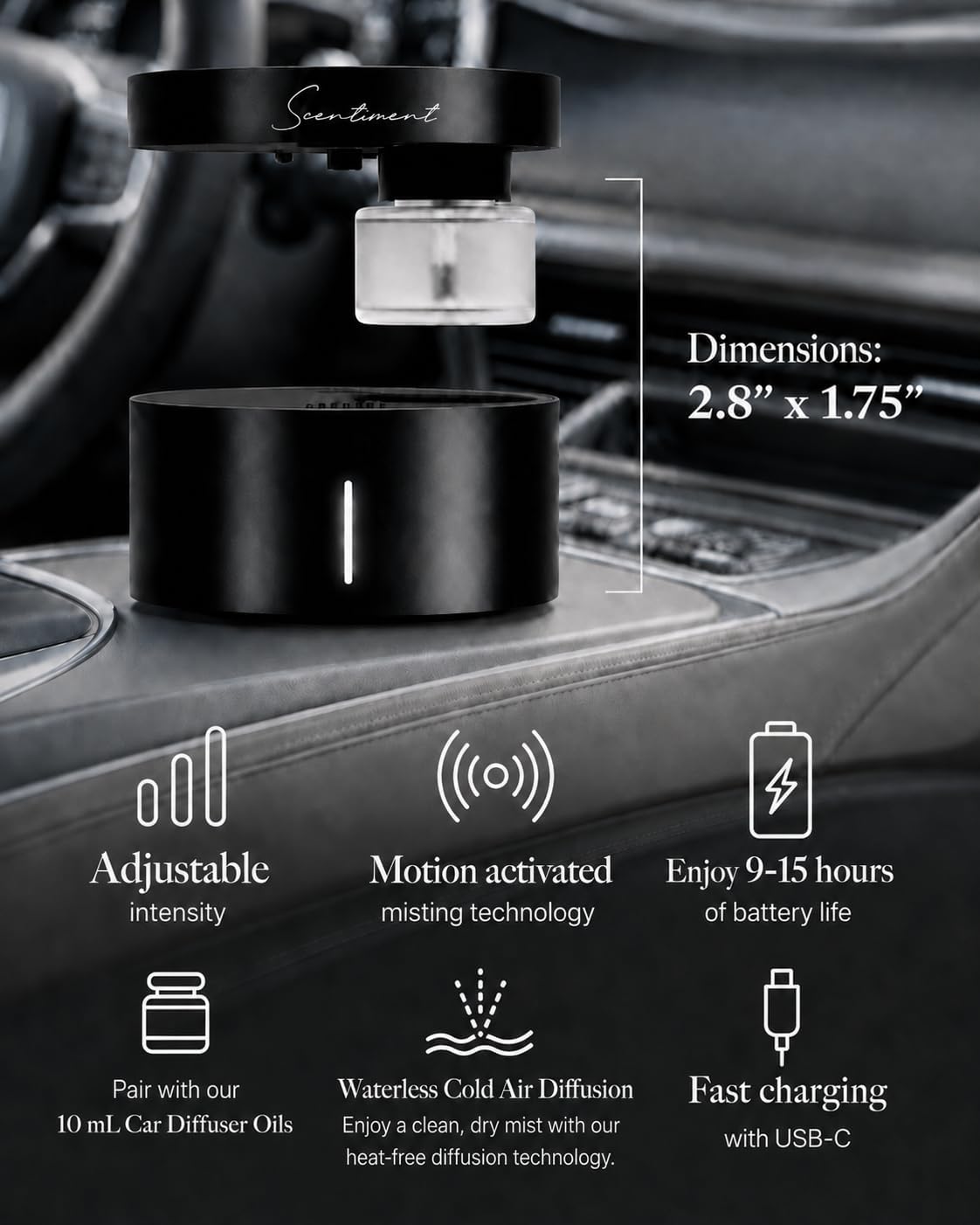 Scentiment Car Diffuser Discovery Kit - Sleek & Stylish Cold Air Waterless Diffuser with Top 3 Luxury Hotel Scent Fragrance Oil Set - Battery Operated Auto Activating Car Fragrance with Dock, Black