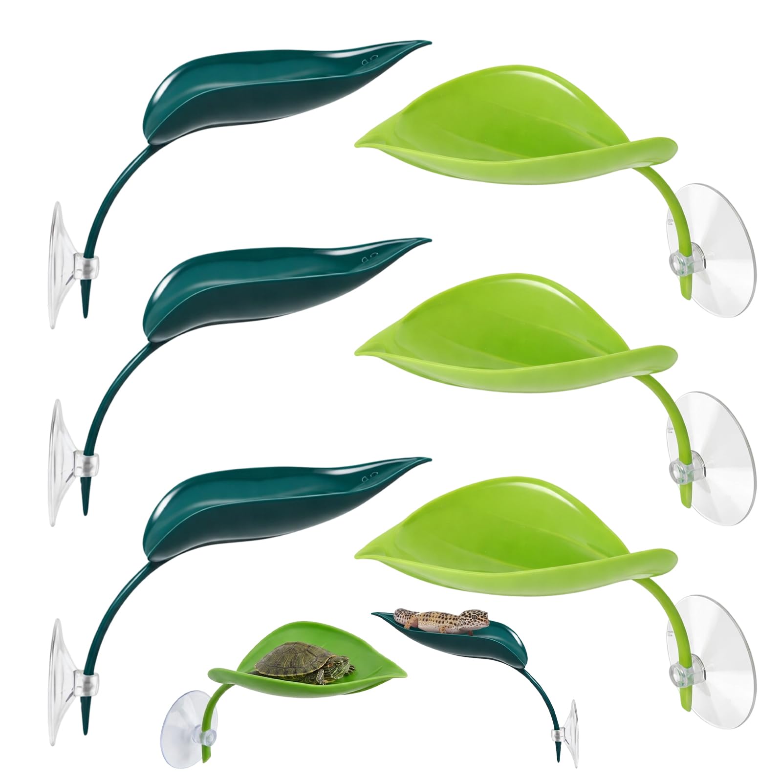 6Pcs Gecko Tank Accessories and Turtle Basking Platform, Multi-Level Climbing Structures for Reptile and Amphibian Pets, Suction Cup Leaf Platforms in Military Green and Fresh Green
