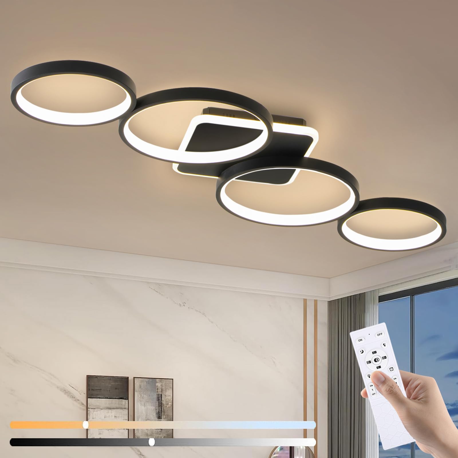 94cm LED Deckenlampe Dimmbar Wohnzimmer, 54W Deckenleuchte Schwarz | Wohnzimmerlampe mit Memory Funktion und Nachtlicht, Moderne 4 Ring deckenbeleuchtung mit Fernbedienung APP für Schlafzimmer