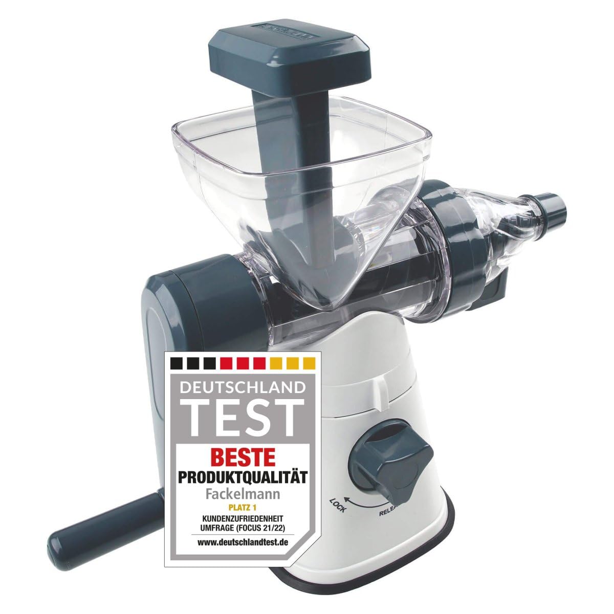 Fackelmann #easyprepare Saftpresse für Obst und Gemüse – Fruchtsaftpresse zum einfachen Entsaften – Manueller Entsafter inklusive Behälter mit Sieb (400 ml)