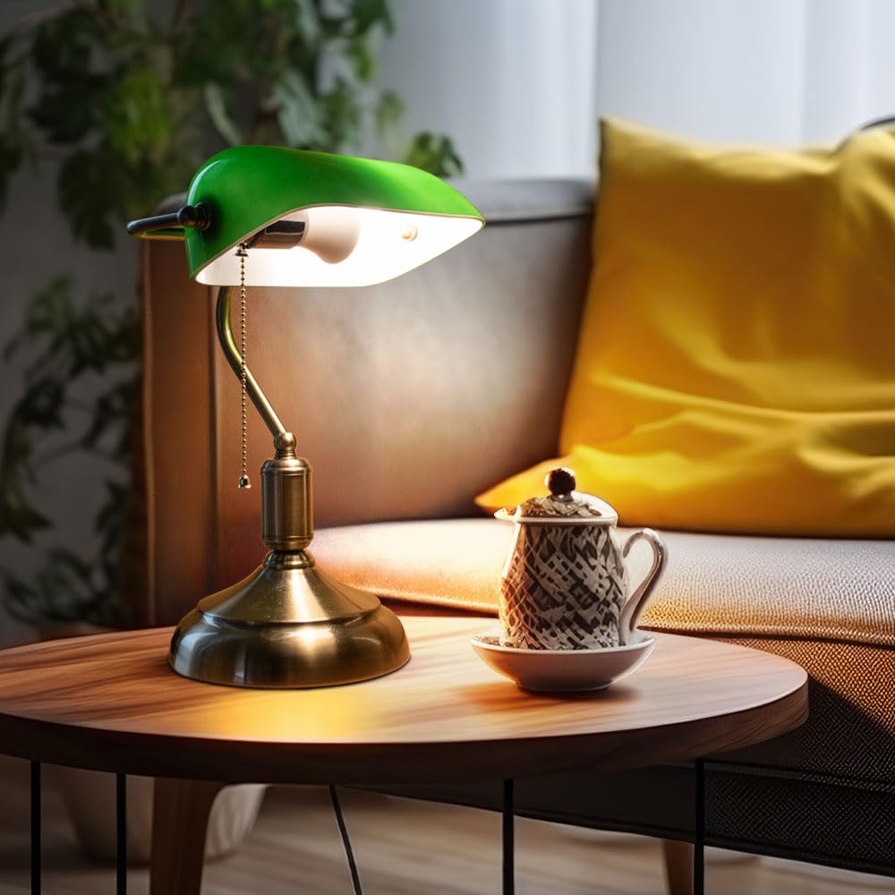 Bankerlampe Glas verstellbar LED Tischleuchte Retro grün Schreibtischleuchte Zugschalter, Metall, 3,7W 320lm warmweiß, LxBxH 26x18x36 cm