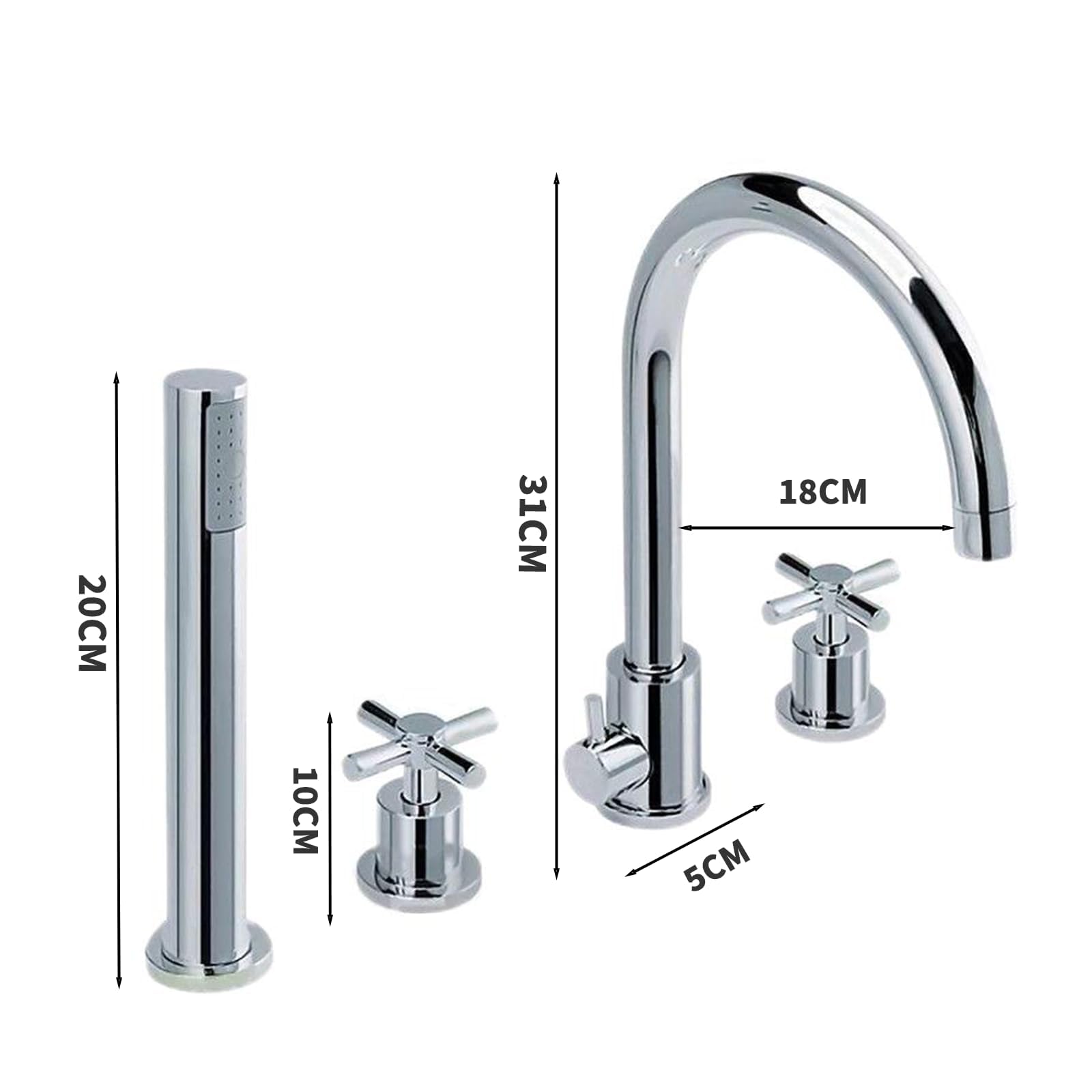 Bathtub Faucet, Roman Tub Faucets with Hand Shower, 2 Cross Handles 4-Hole Deck Mount Bathroom Faucet Brass - 3