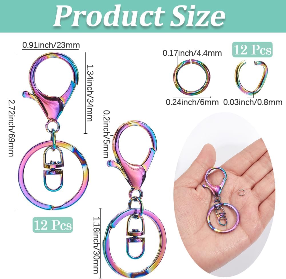 SUNNYCLUE 1 Box 24Pcs Colorful Keychain Clasp Stainless Steel Open Jump Rings Rainbow Color Metal Alloy Trigger Swivel Snap Clip Hooks Lobster Claw Clasps Keyring for Key Chain DIY Crafts Supplies image 2