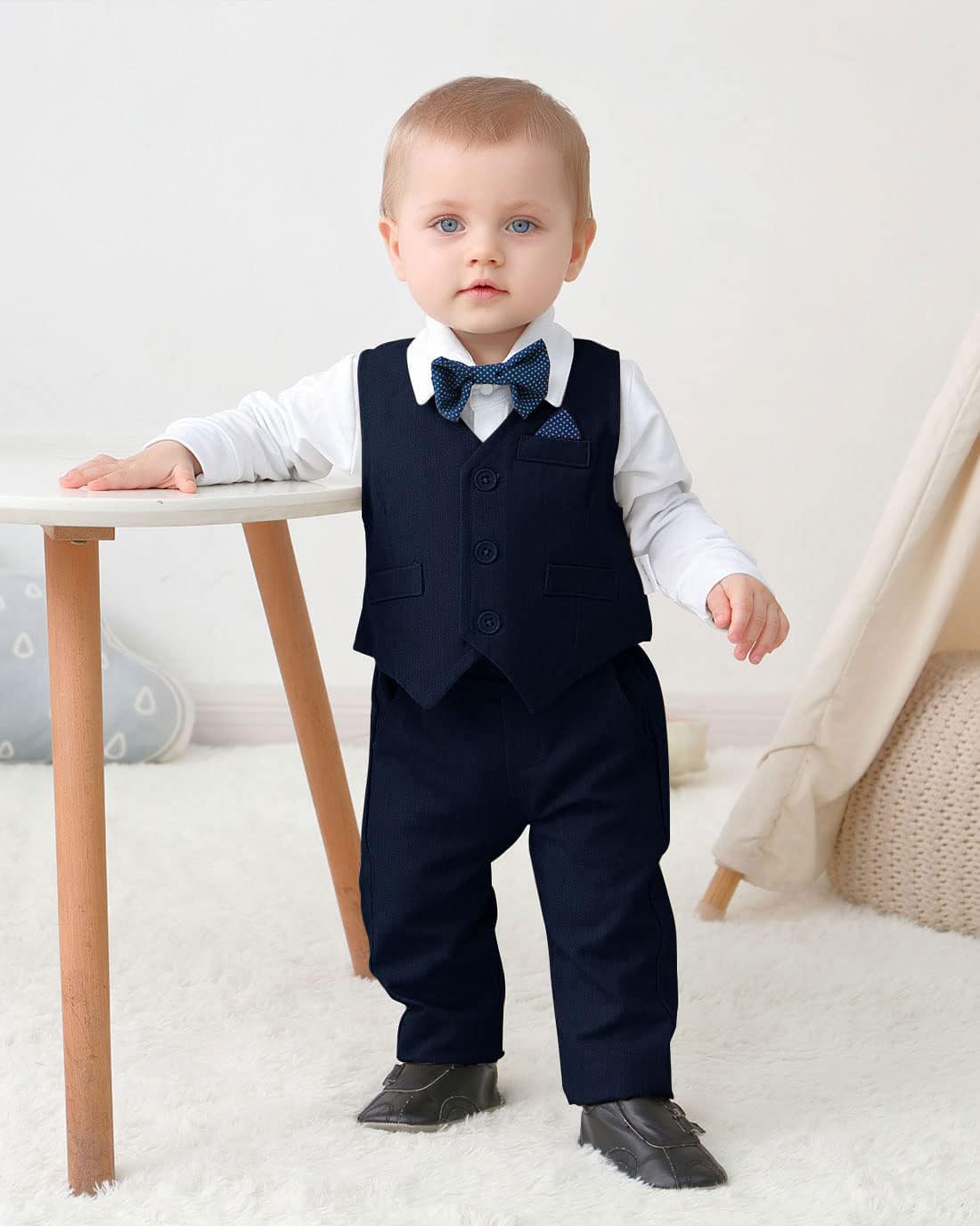 Baby Boy Clothes Outfit Suits 3-24 Months, Infant Gentleman Long Sleeve Romper Jumpsuit+Pants+Bow Tie Formal Tuxedo Clothing Set for Boys