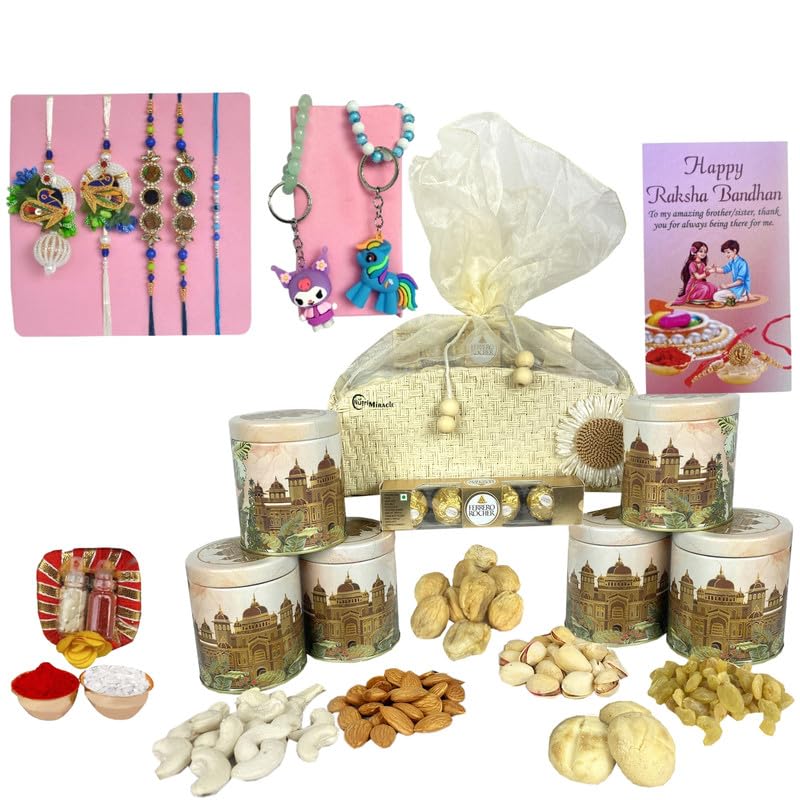 Image of NUTRI MIRACLE Rakhi Gifting Set with Crunchy Almonds and Chocolates | Corporate Gift Hamper Featuring Nut Mix and Treats