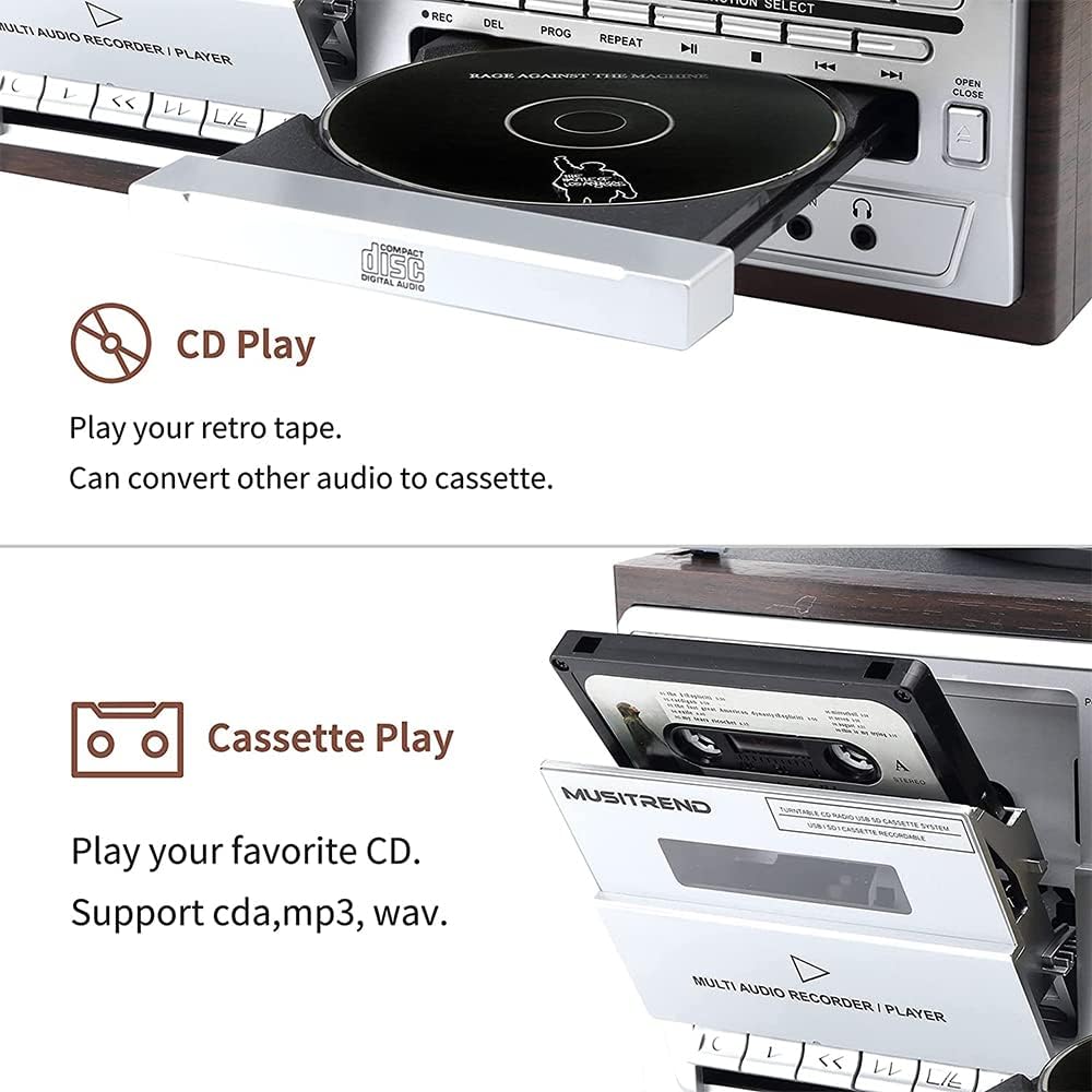 Giradischi con Bluetooth, altoparlanti integrati, giradischi vintage a 3 velocità, lettore CD e radio AM/FM per l'intrattenimento