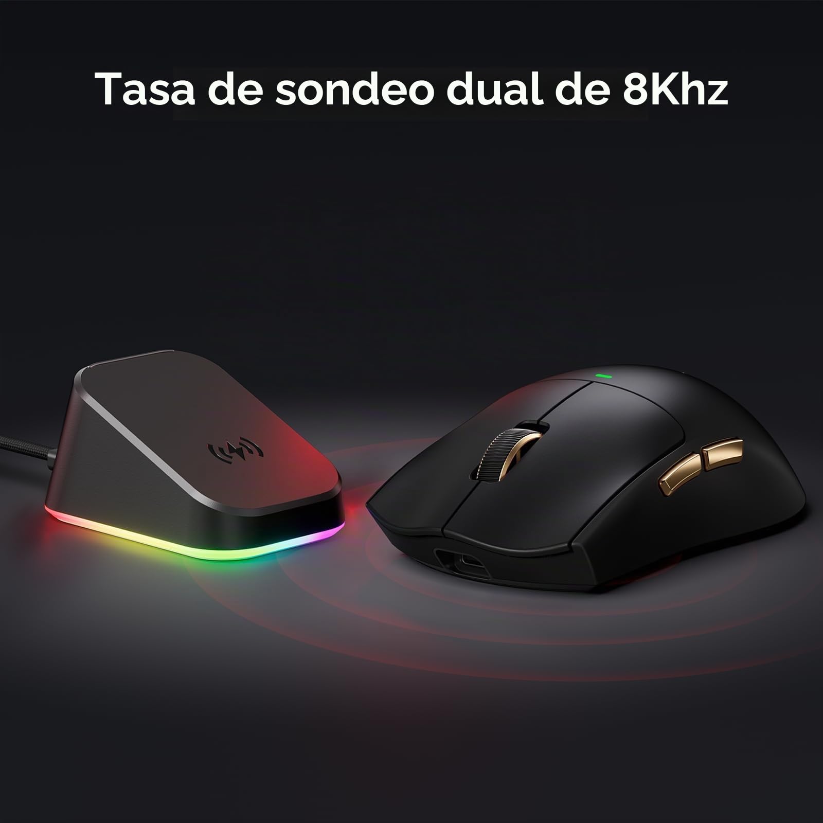 MCHOSE K7 - Ratón inalámbrico para juegos, estación de carga magnética RGB | 42000DPI, Sensor PAW3950, Dual 8K Polling, Ligero 59g, Inalámbrico BT/2.4G/Cableado, Batería 500mAh, PC/Mac, Negro-Oro