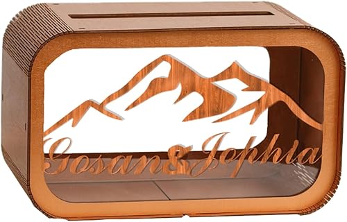 Caja de tarjetas de boda personalizada para recepción Caja de sobres de madera Caja de dinero rústica de boda con ranura Nombre y fecha