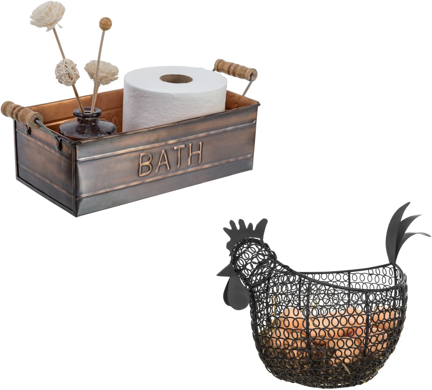MyGift Rustic Farmhouse Home Organizer Set: Vintage BATH Metal Bathroom Bin + Black Chicken-Shaped Wire Egg Basket