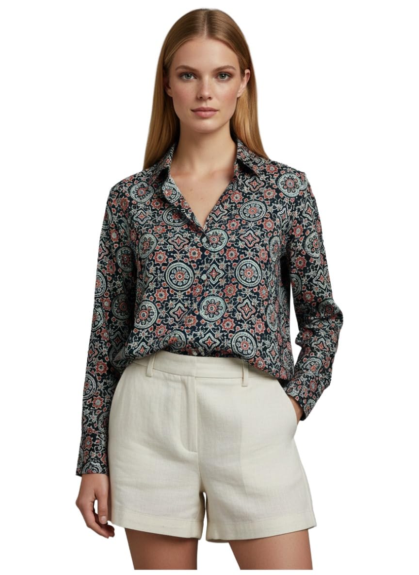 ANNI Designer Bedrucktes Damenhemd aus Baumwollmischgewebe, langärmelig, normale Passform, Hemdkragen, legere Bürokleidung, elegante Western-Kleidung für den Alltag, Hochzeit, Party