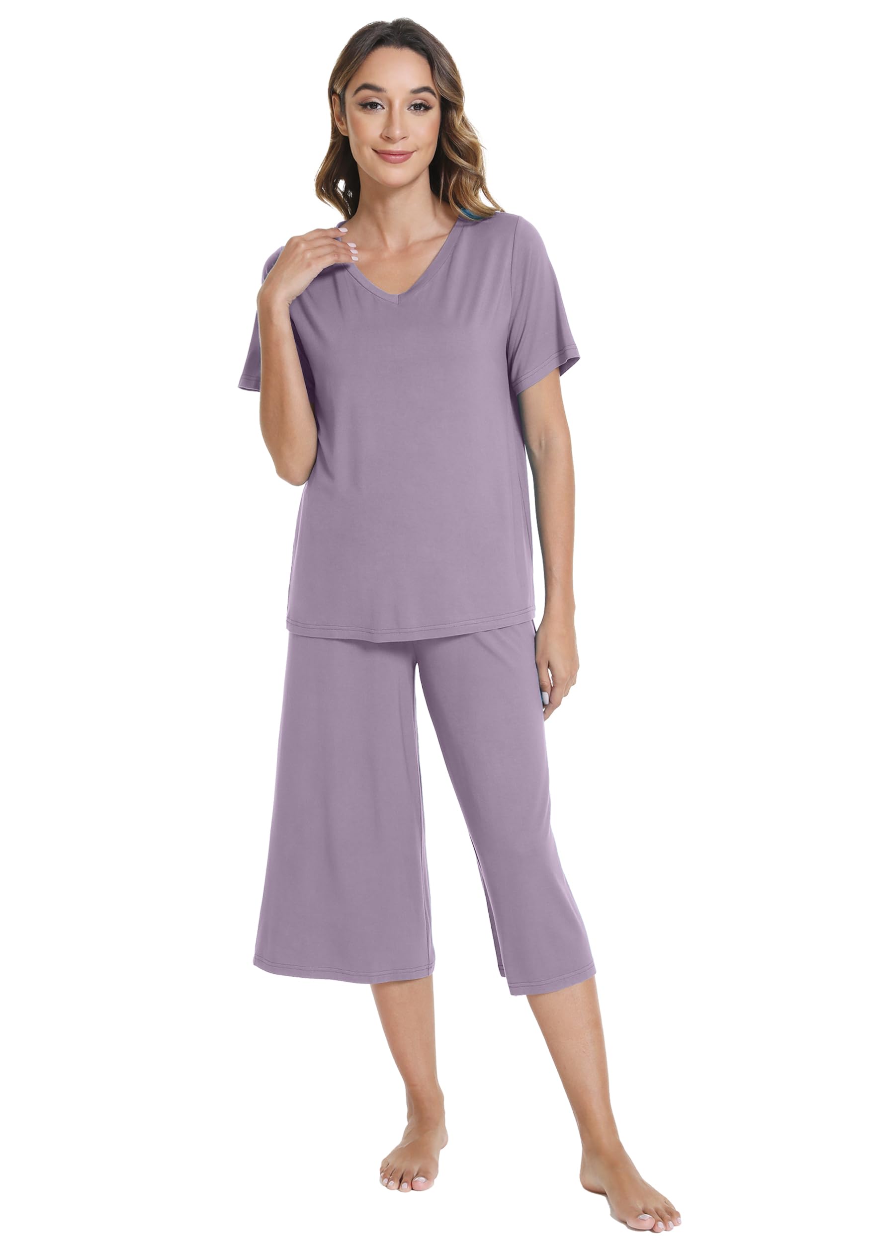 WiWi Pigiama da donna in bambù, con scollo a V, a righe, con top corto e pantaloni capri, abbigliamento da casa S-XXL