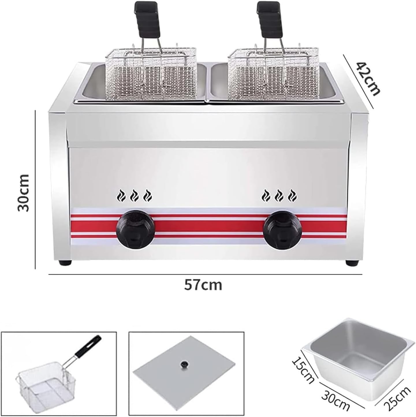 Stainless Steel Countertop Gas Fryer,Commercial Lpg Gas Deep Fryer with 2 Basket Propane Lpg Oil Frying Pot Kitchen Frying Machine Snack Fryer for French Fries Restaurant Home Kitchen,20L