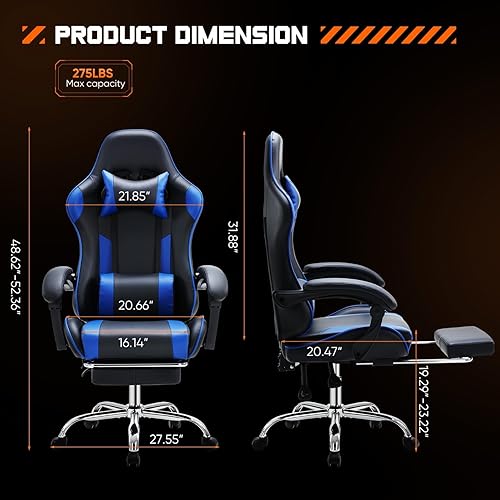 Miniatura 3 de Silla de juegos resistente, silla ergonómica para videojuegos para oficina en casa con reposapiés, soporte lumbar, respaldo ajustable, ruedas