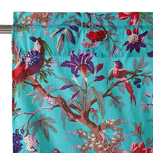 Image of Ravaiyaa - Attitude is everything Hand Printed Half Window Kitchen Curtain 100% Cotton Short Drapery Valance Curtain 40 inch X 18 inch Inch (Turquoise Bird)