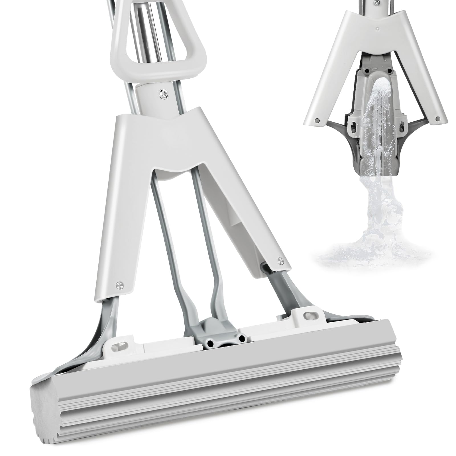 Wusudur Sponge Mop for Kitchen Bathroom Garage Floor Cleaning Telescope Handle Automatic Wringing Suitable for Tile Marble Wood Floors with 1 Extra Sponge Head