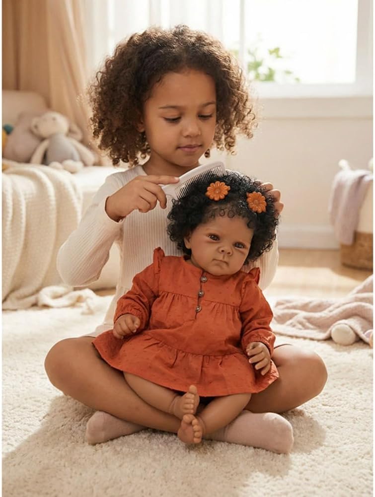 Lonian Reborn Girl 17 Inch Dark Skin Realistic Dolls Soft Cloth Body with Hand Rooted Hair - Vinyl Head, Members Doll for Newborns with Accessories