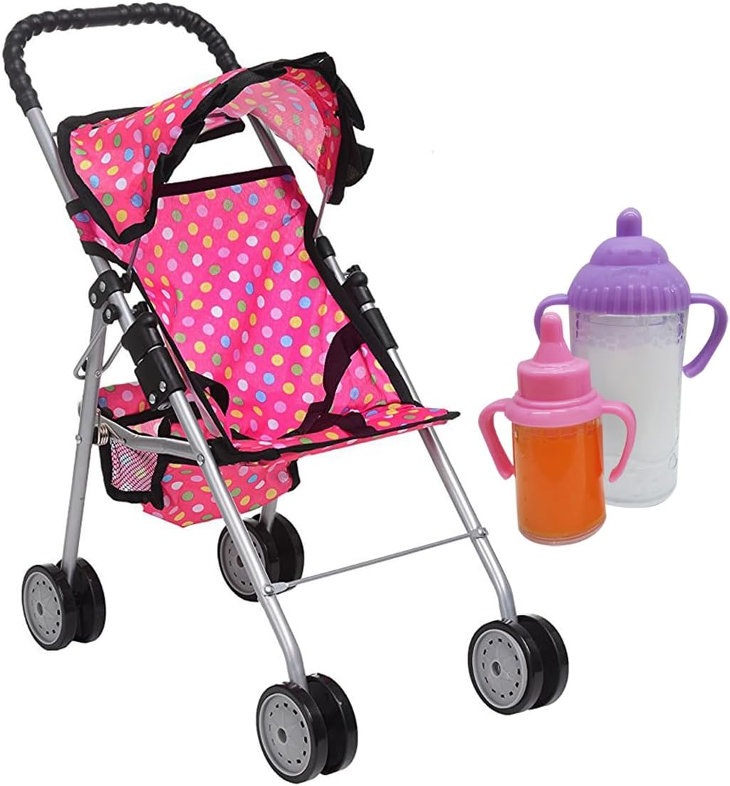 My First Baby Doll Umbrella Stroller with Basket - Pink Polka Dot Foldable Pram And Accessories Gift Toys for Girls with 2 Free Bonus Bottles